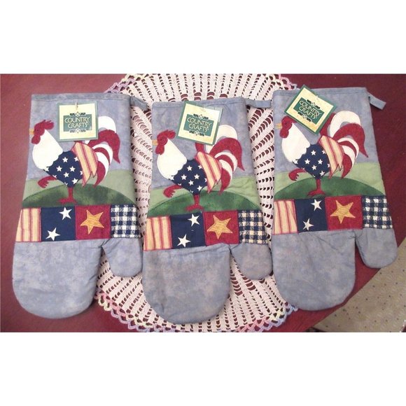 3 Country Crafts Rooster Oven Mitts Quilted Embroidered New With Tags - Picture 1 of 3